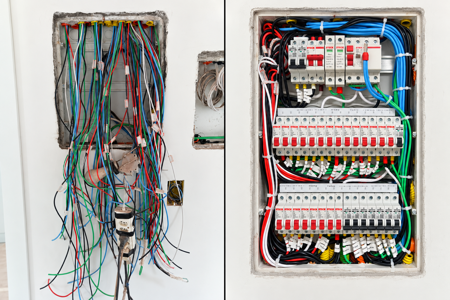 Antes e depois de quadro elétrico organizado pela WT Eletricidades